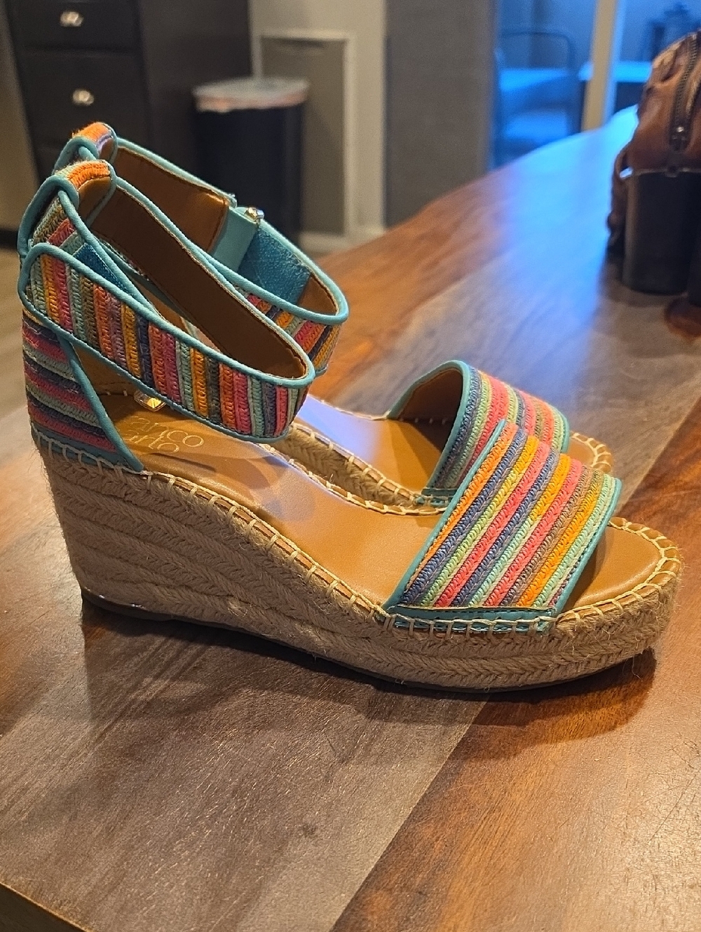 Franco Sarto Multicolor Striped Espadrille Wedges with Turquoise Trim